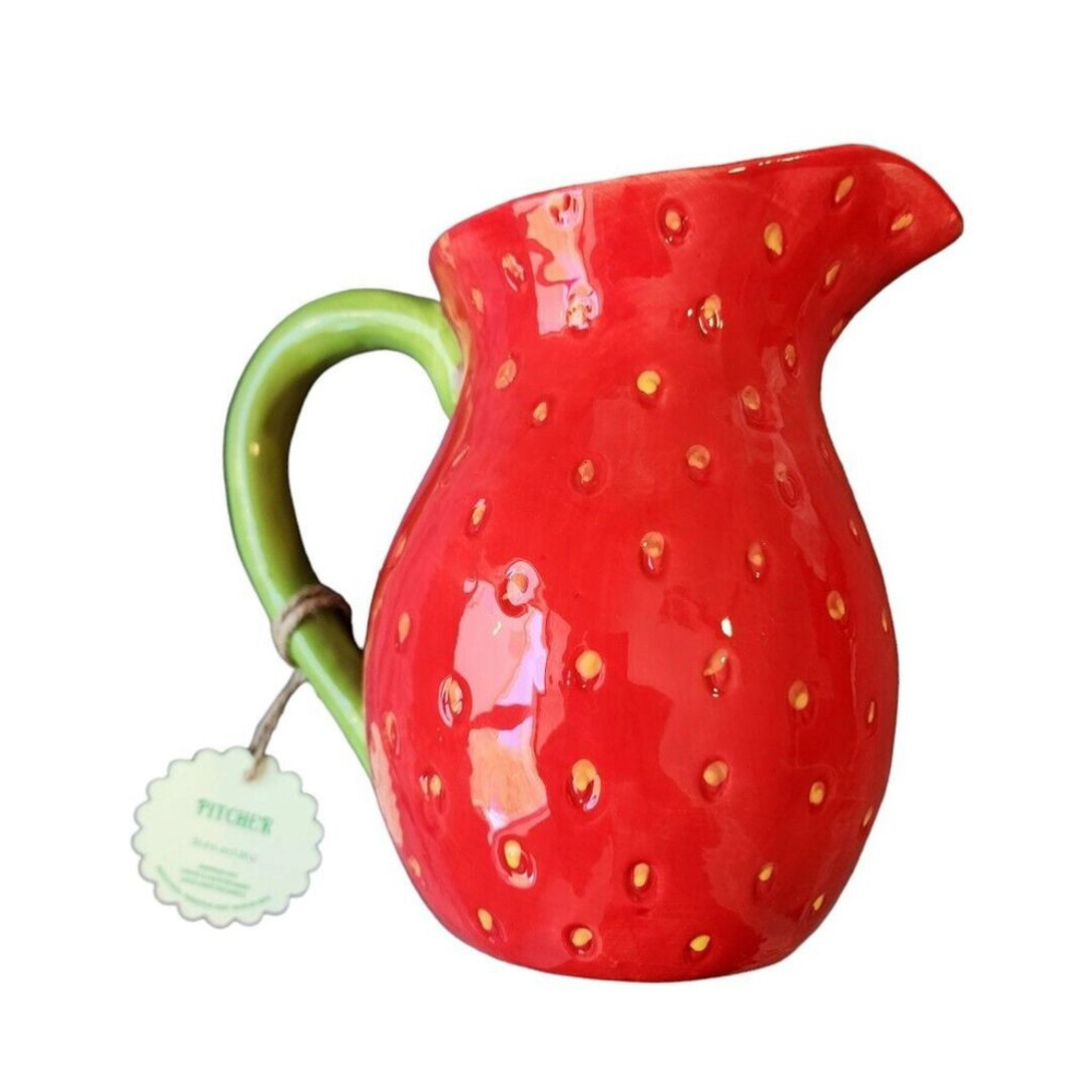 RED STRAWBERRY SHAPED Ceramic Pitcher Vase Water Jug